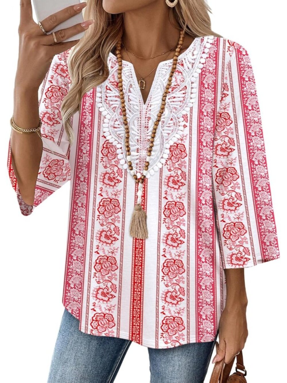 Women's Top Pink Strip 3/4 Length Sleeve V Neck Lace Casual Vacation Clothes
